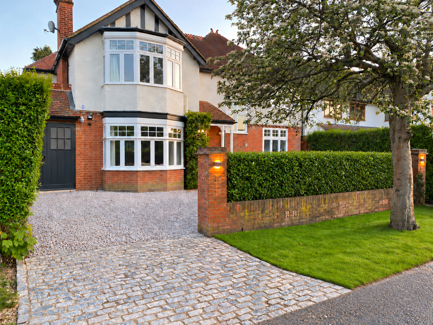 Front elevation of the private Edwardian house with a landscaped garden and driveway